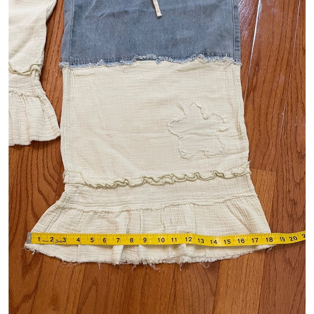 POL Wide Leg Pants Womens L Blue Cream Cotton Boho Ruffle Festival Cottagecore - Picture 11 of 13